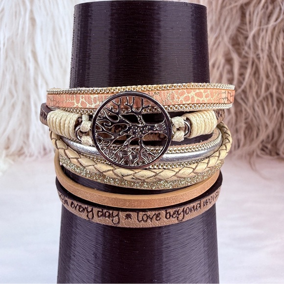 Earthtone multiband, faux leather tree of life, magnetic closure bracelet - Picture 5 of 5